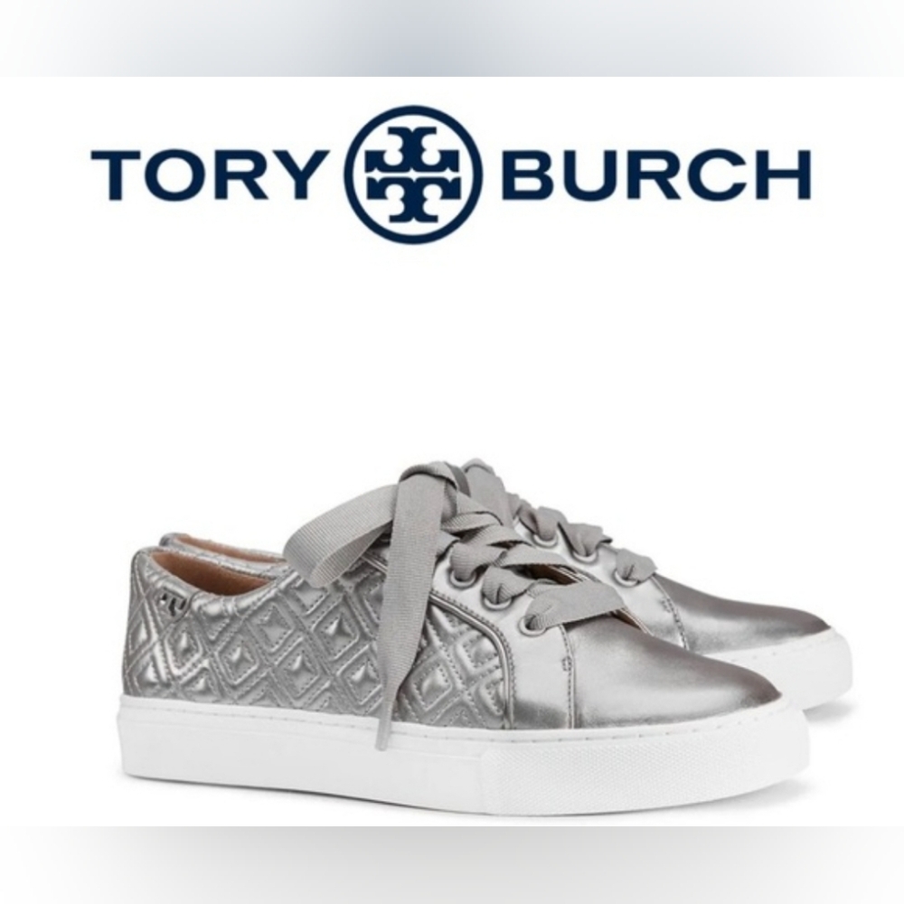Tory Burch Marion Designer Quilted Metallic Silver Leather Sneaker Womens 7.5 M